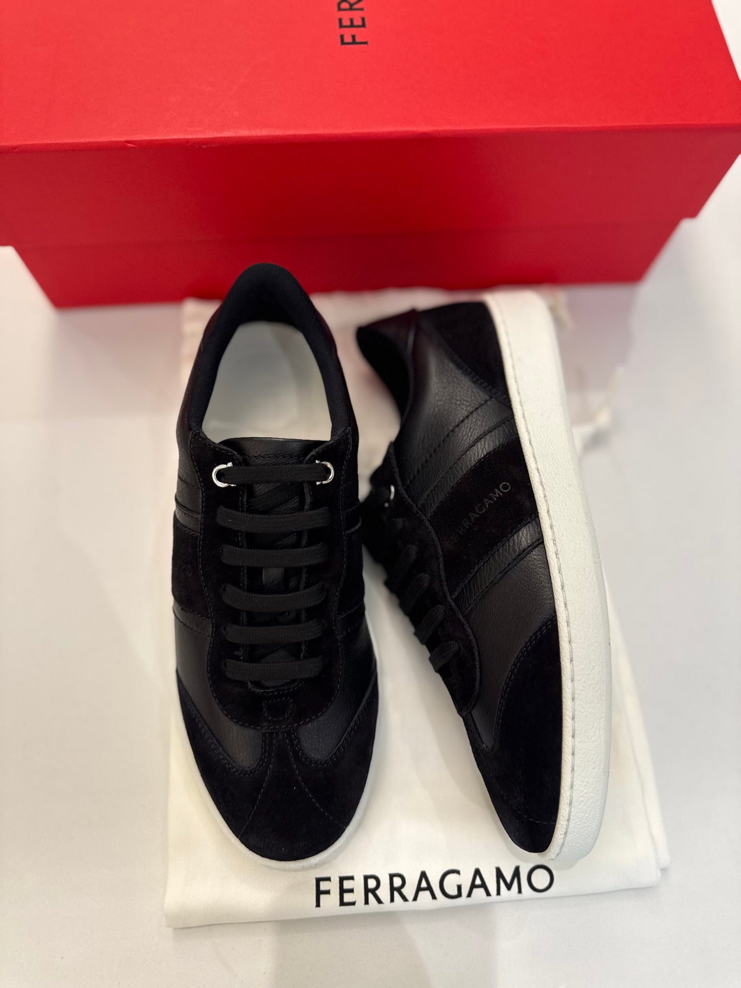 Ferragamo Women’s Achille Div Black Leather / Suede Sneakers, 768735, Size 7M