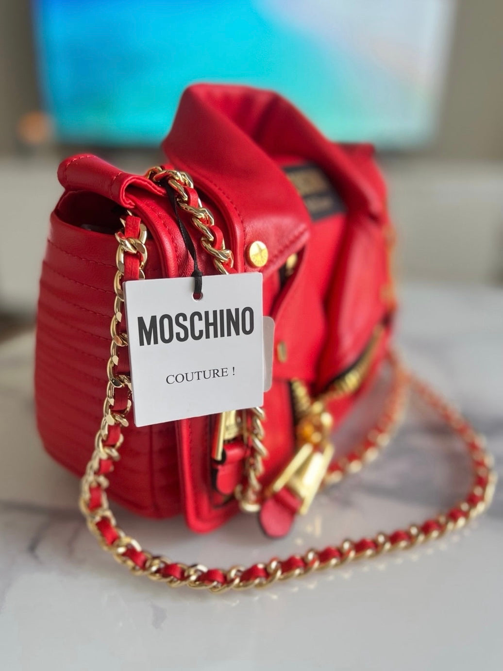 Moschino Zippered Leather Jacket Biker Shoulder Bag, Red, Retail $1795