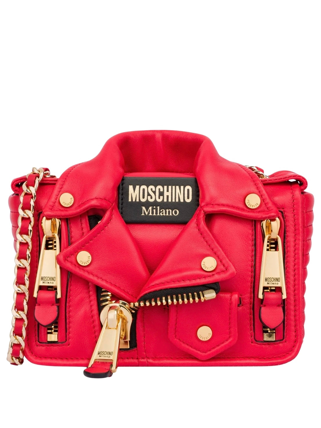Moschino Zippered Leather Jacket Biker Shoulder Bag, Red, Retail $1795