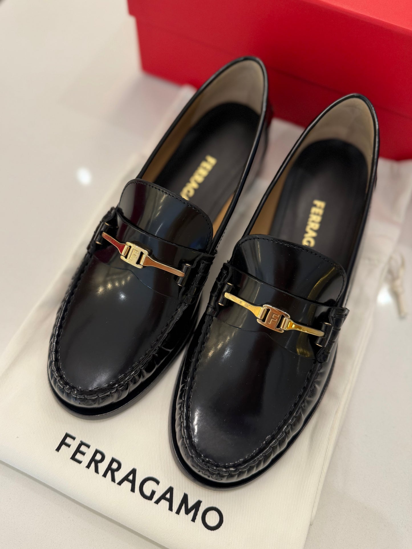 Ferragamo Women's Harry Calfskin Bit F Buckle Loafers Nero Biscotto 7C