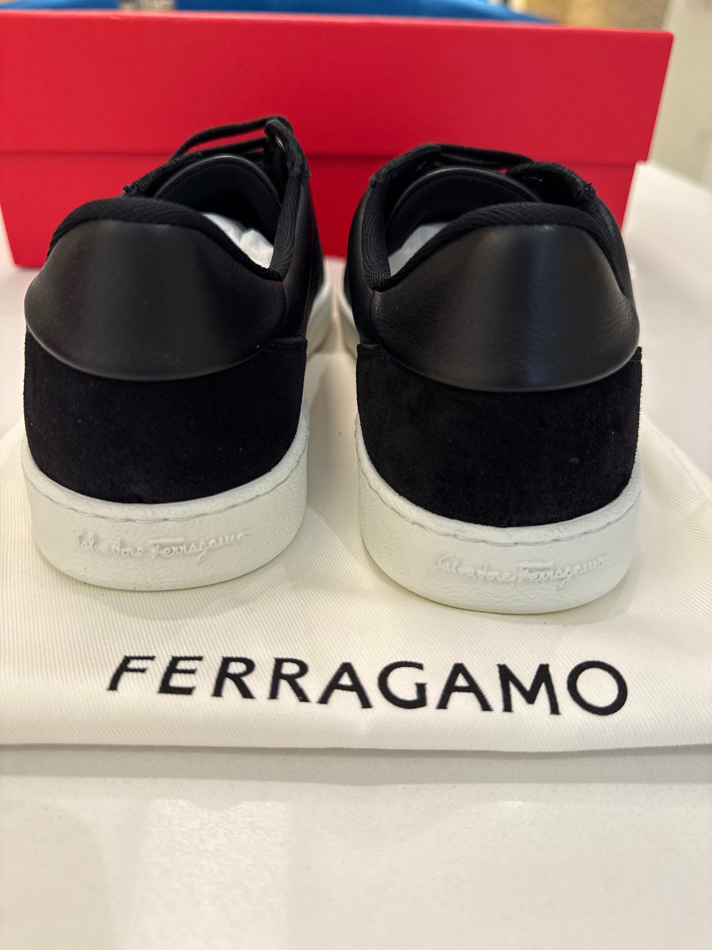 Ferragamo Women’s Achille Div Black Leather / Suede Sneakers, 768735, Size 7M