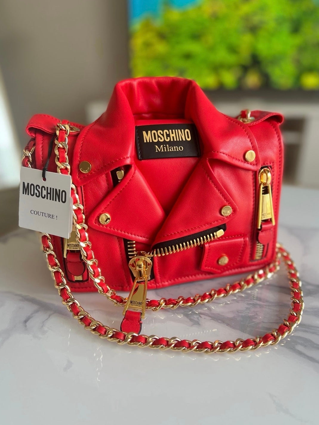 Moschino Zippered Leather Jacket Biker Shoulder Bag, Red, Retail $1795