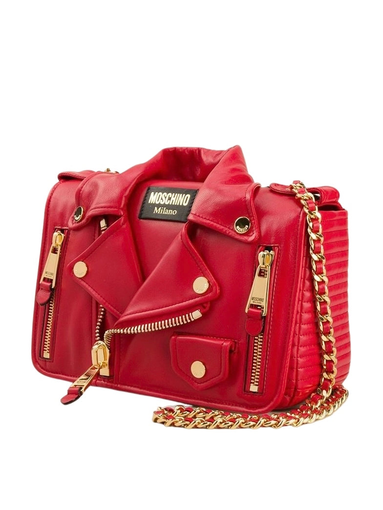 Moschino Zippered Leather Jacket Biker Shoulder Bag, Red, Retail $1795