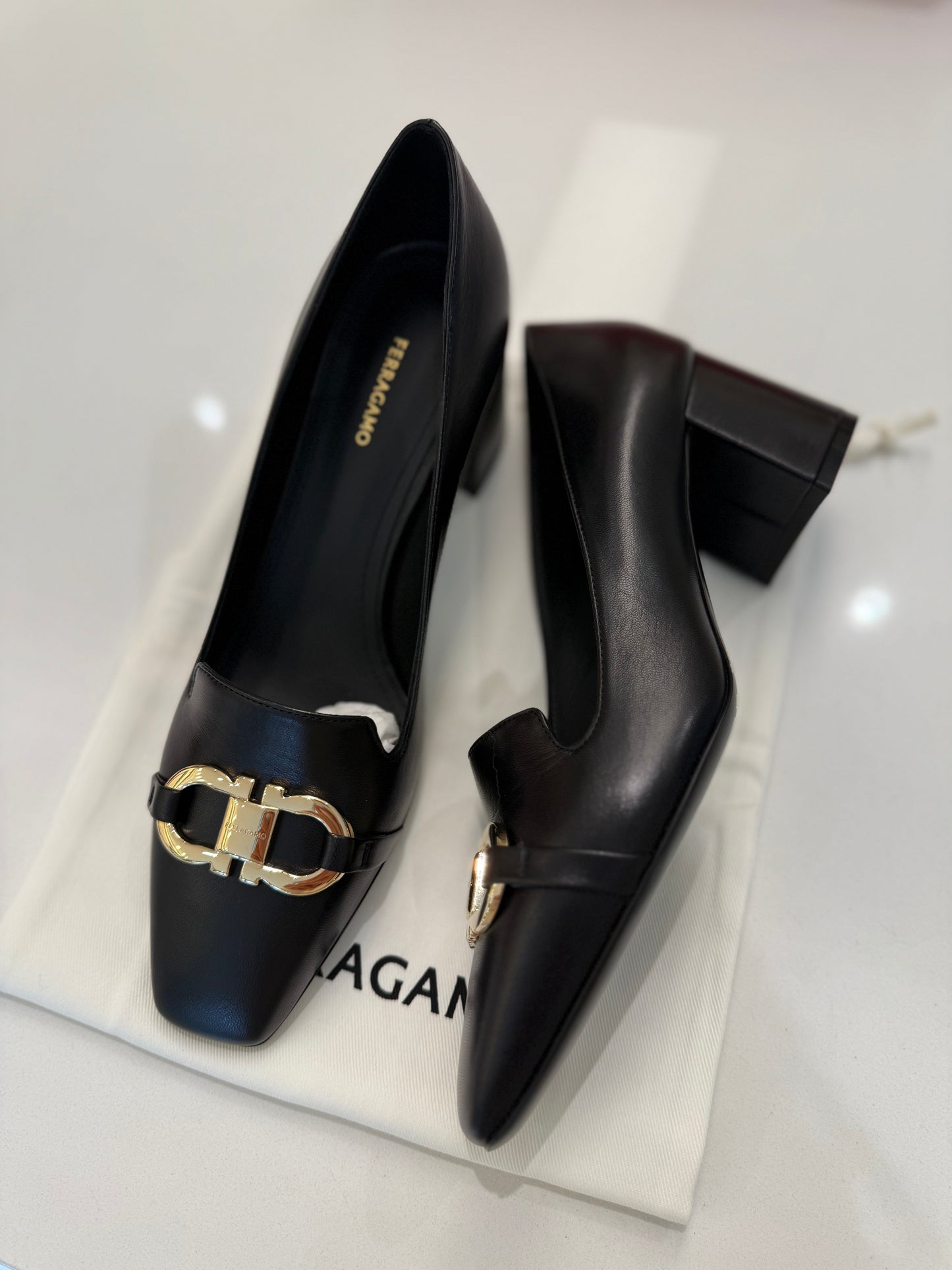 Ferragamo Mirelle 60 Gancini Ornament Block Heel Pumps Black Nero Lamb 6.5C