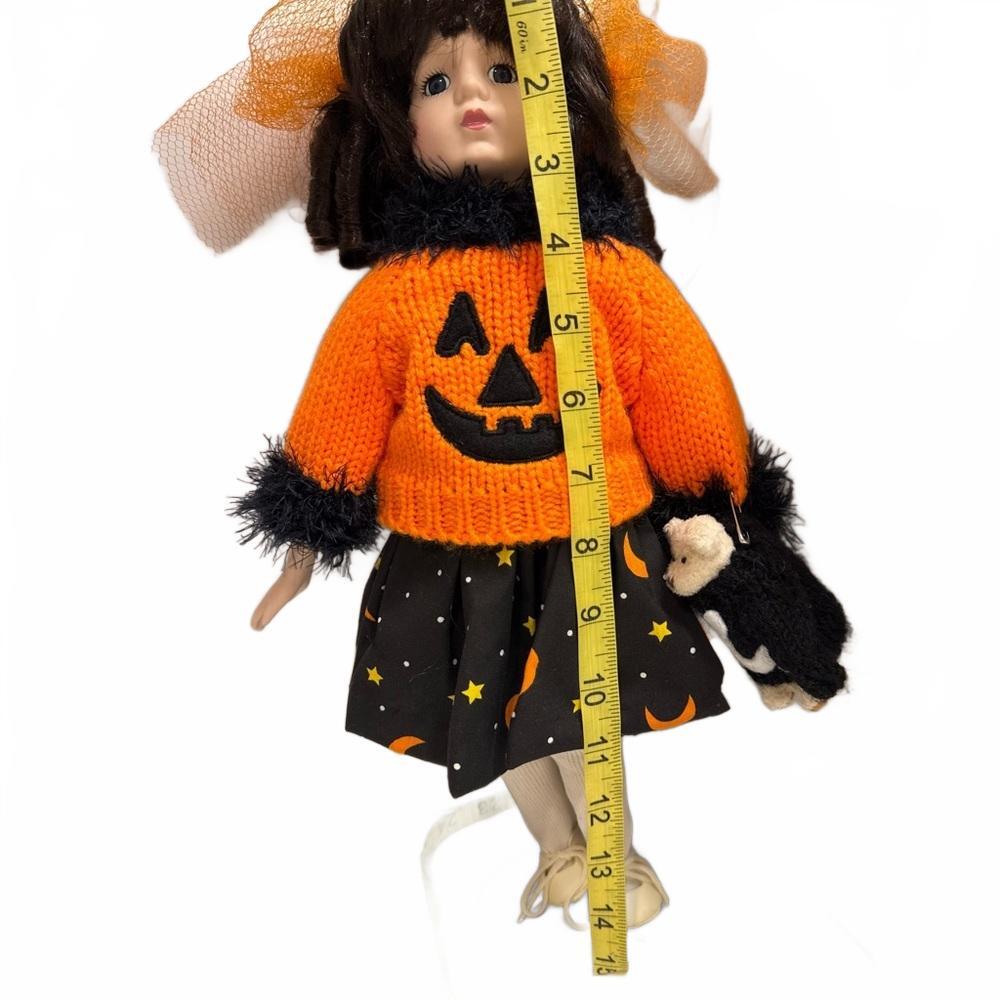 Rare Vintage Handmade Porcelain Halloween Doll Pumpkin Sweater, Bear & Stand