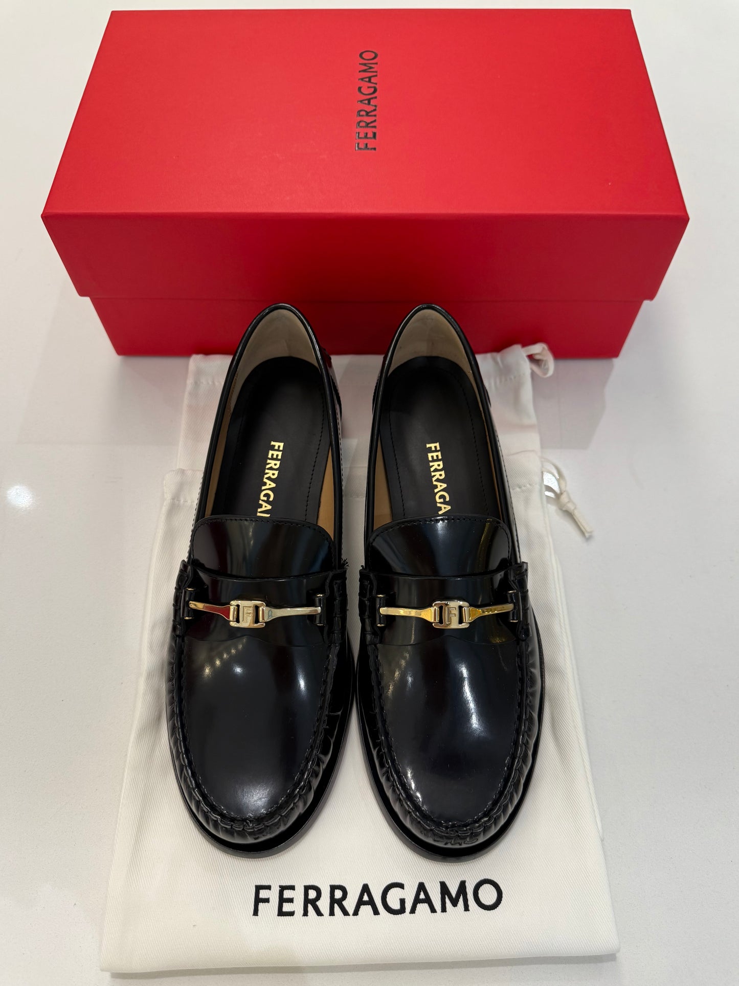 Ferragamo Women's Harry Calfskin Bit F Buckle Loafers Nero Biscotto 7C