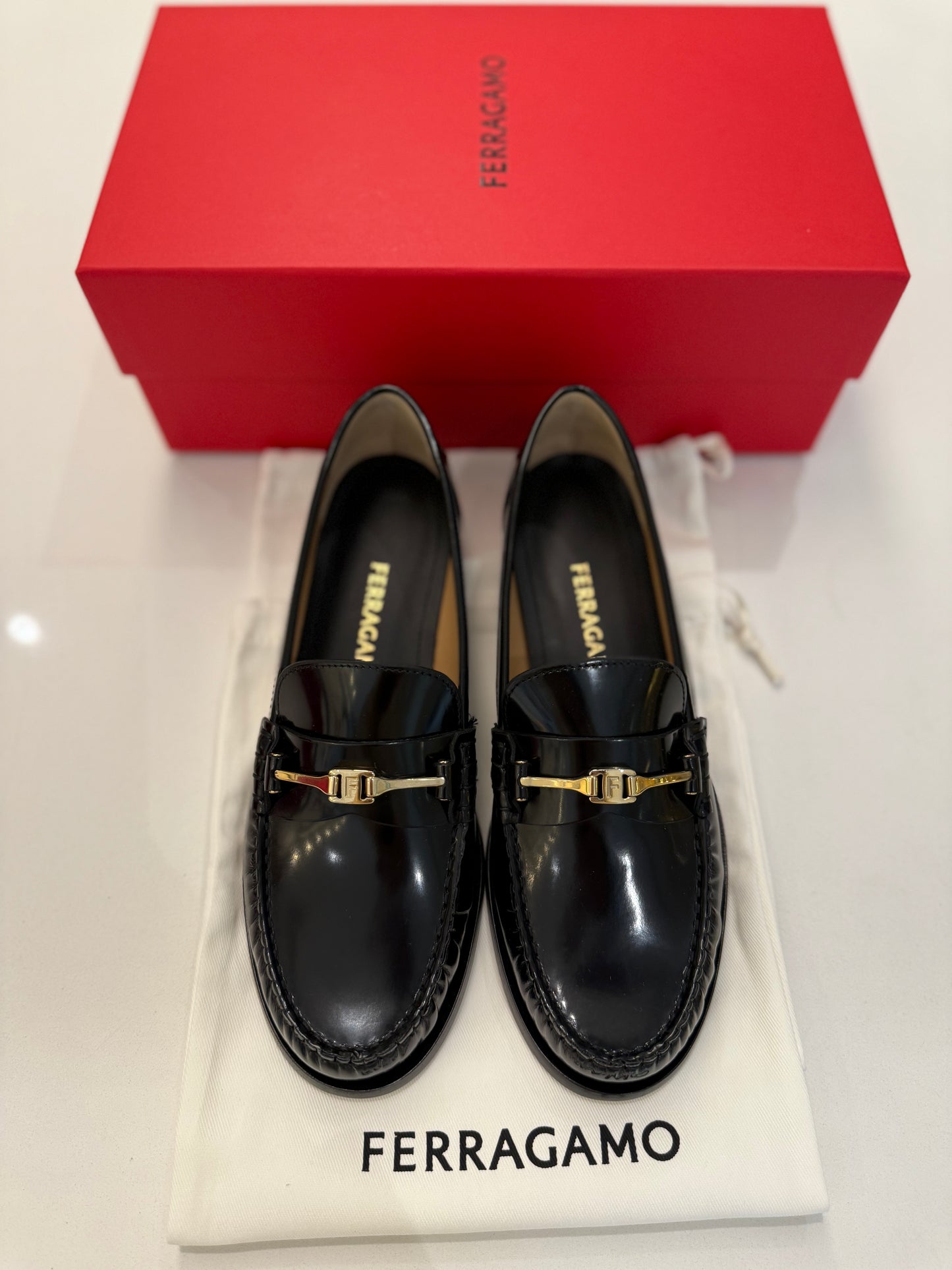 Ferragamo Women's Harry Calfskin Bit F Buckle Loafers Nero Biscotto 7C