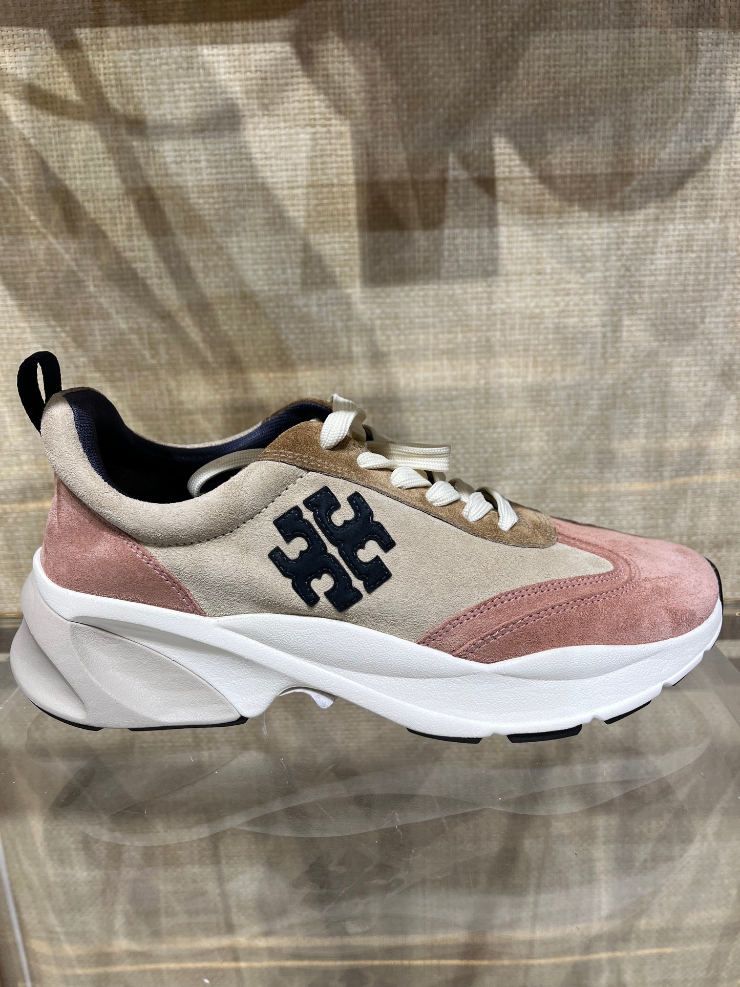 Tory Burch Good Luck Trainer, Tan / Blue / Pink, Style 85463, Retail $278