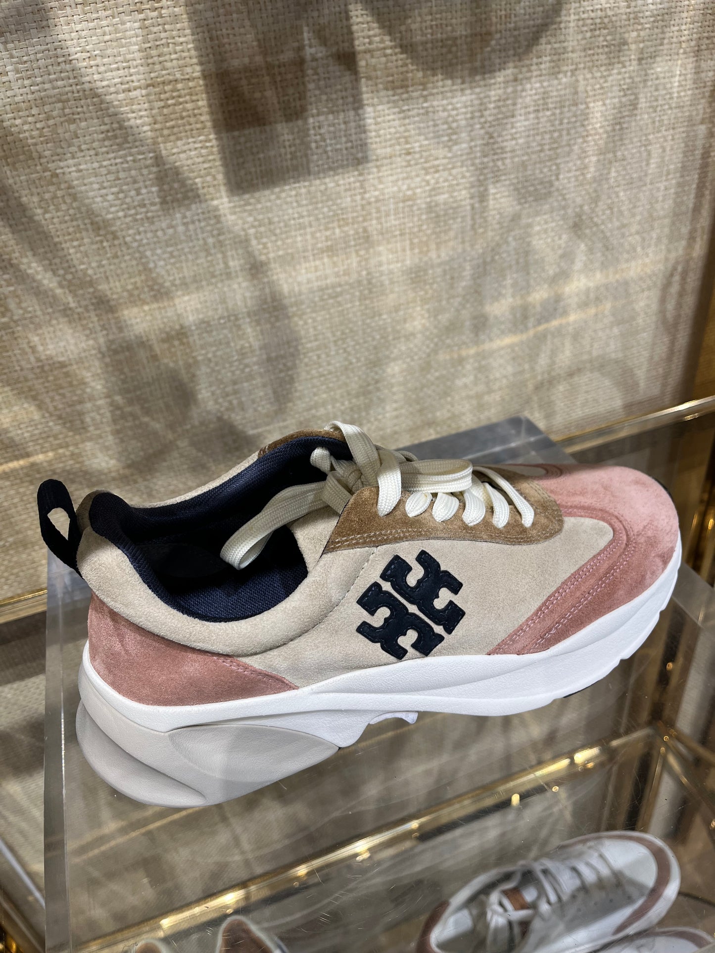 Tory Burch Good Luck Trainer, Tan / Blue / Pink, Style 85463, Retail $278