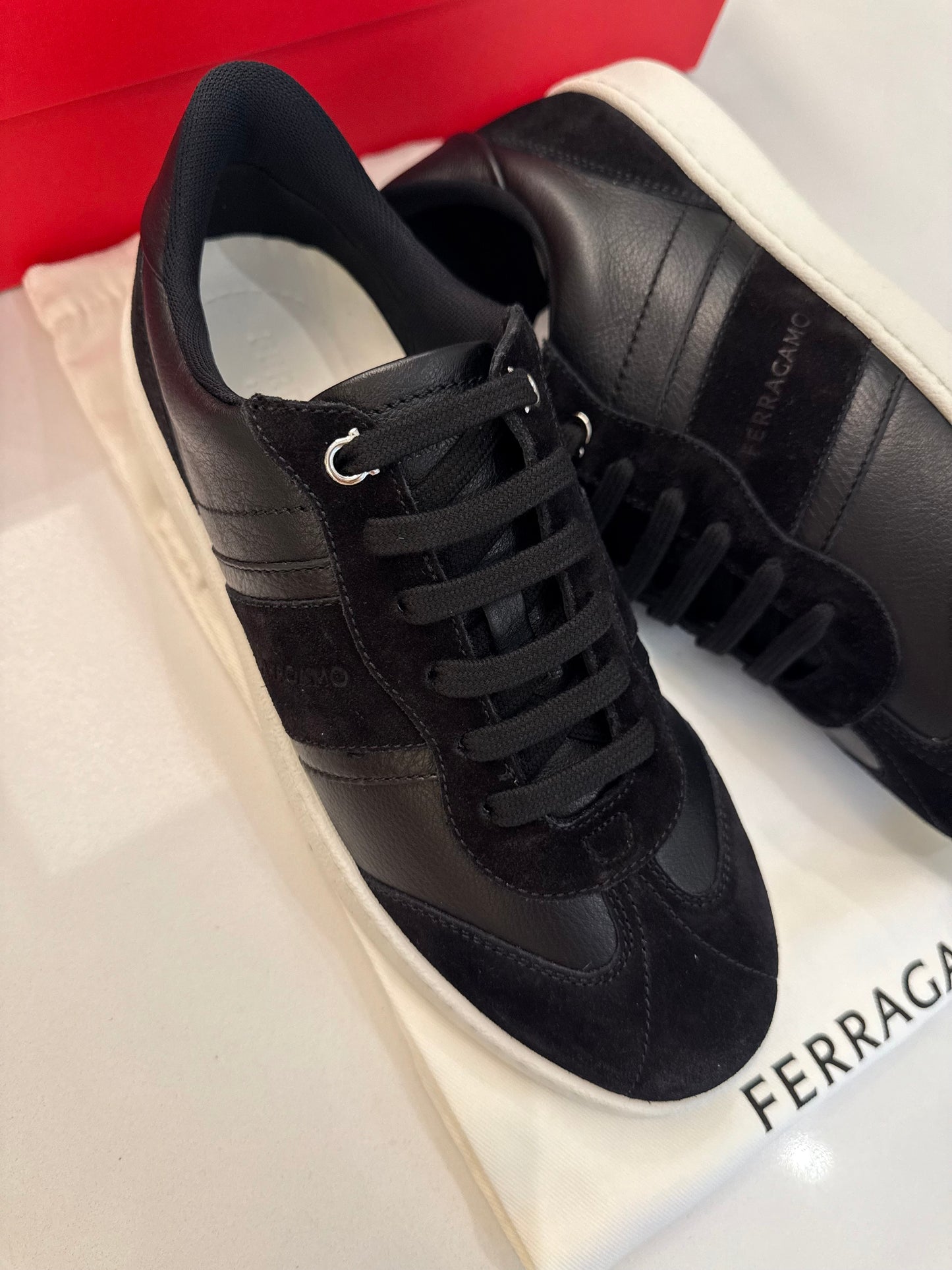 Ferragamo Women’s Achille Div Black Leather / Suede Sneakers, 768735, Size 7M