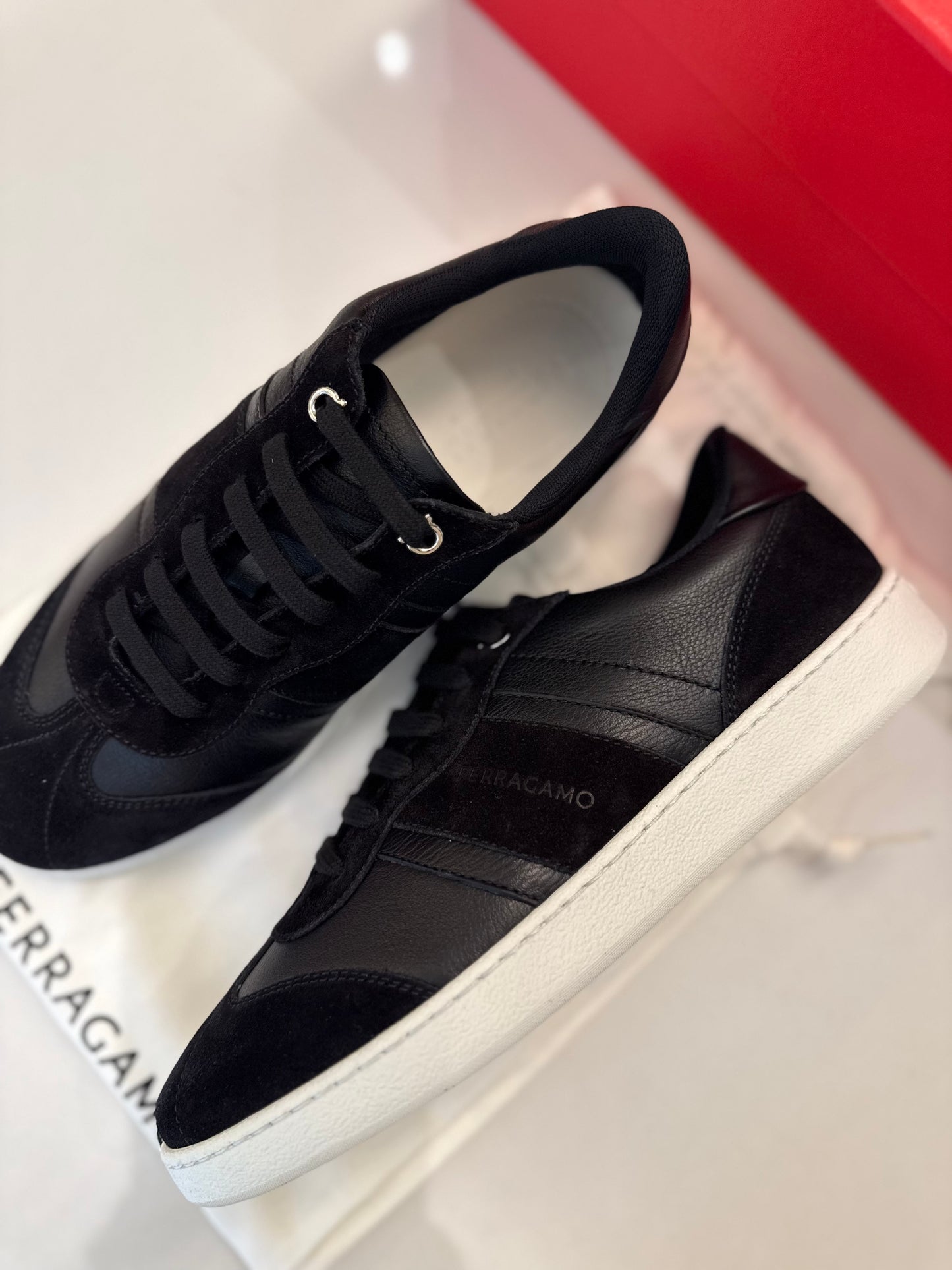Ferragamo Women’s Achille Div Black Leather / Suede Sneakers, 768735, Size 7M