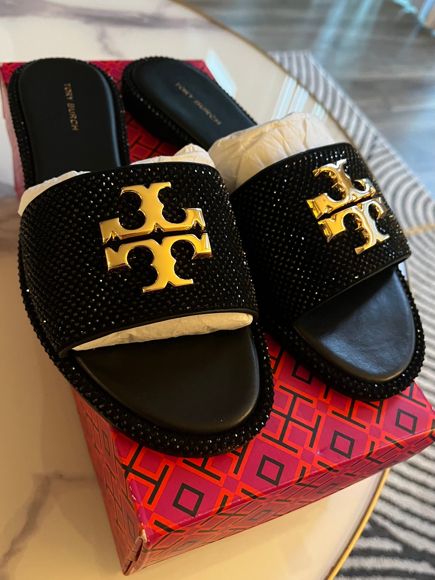 Tory Burch Everly Slide, Royal Suede, Crystal, Perfect Black /Gold, Style 151402