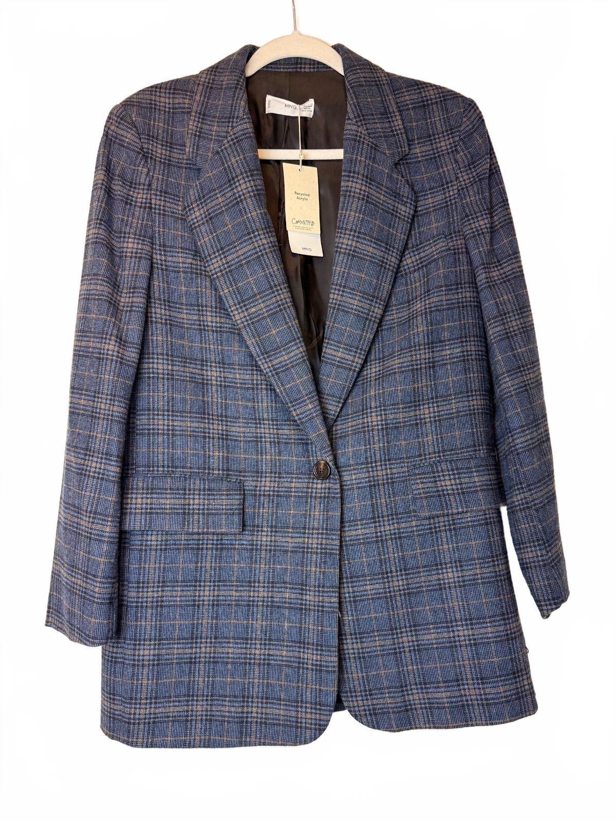 MANGO Paola Blue Plaid Wool Blend Blazer Jacket Women’s S NWT