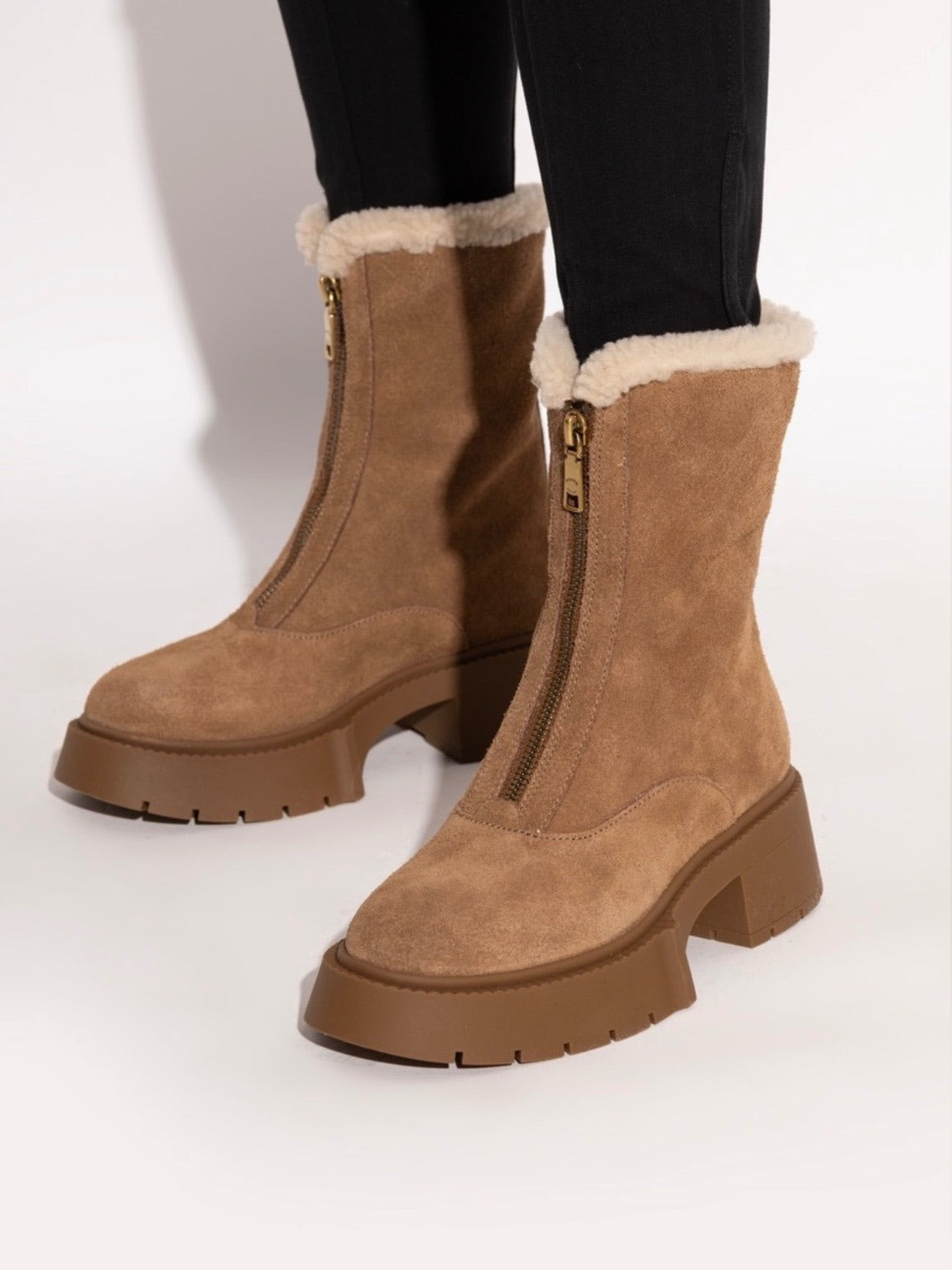 Coach Leah Platform Suede And Shearling Booties - Coconut/Natural Size 8.5