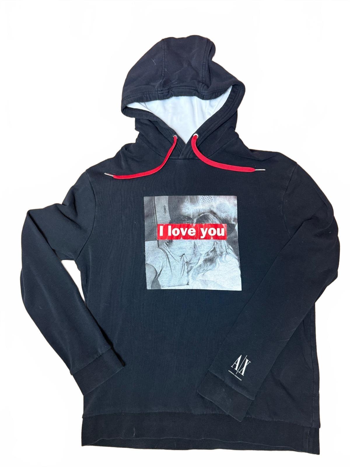 Armani Exchange Unisex M Black Graphic Hoodie Red Drawstring Pullover PRE-OWNED