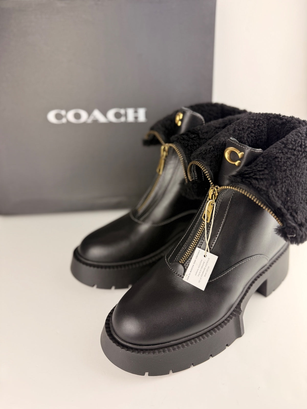 COACH Leah Genuine Shearling Trim Platform Zip Bootie Size 9 NEW WITH BOX