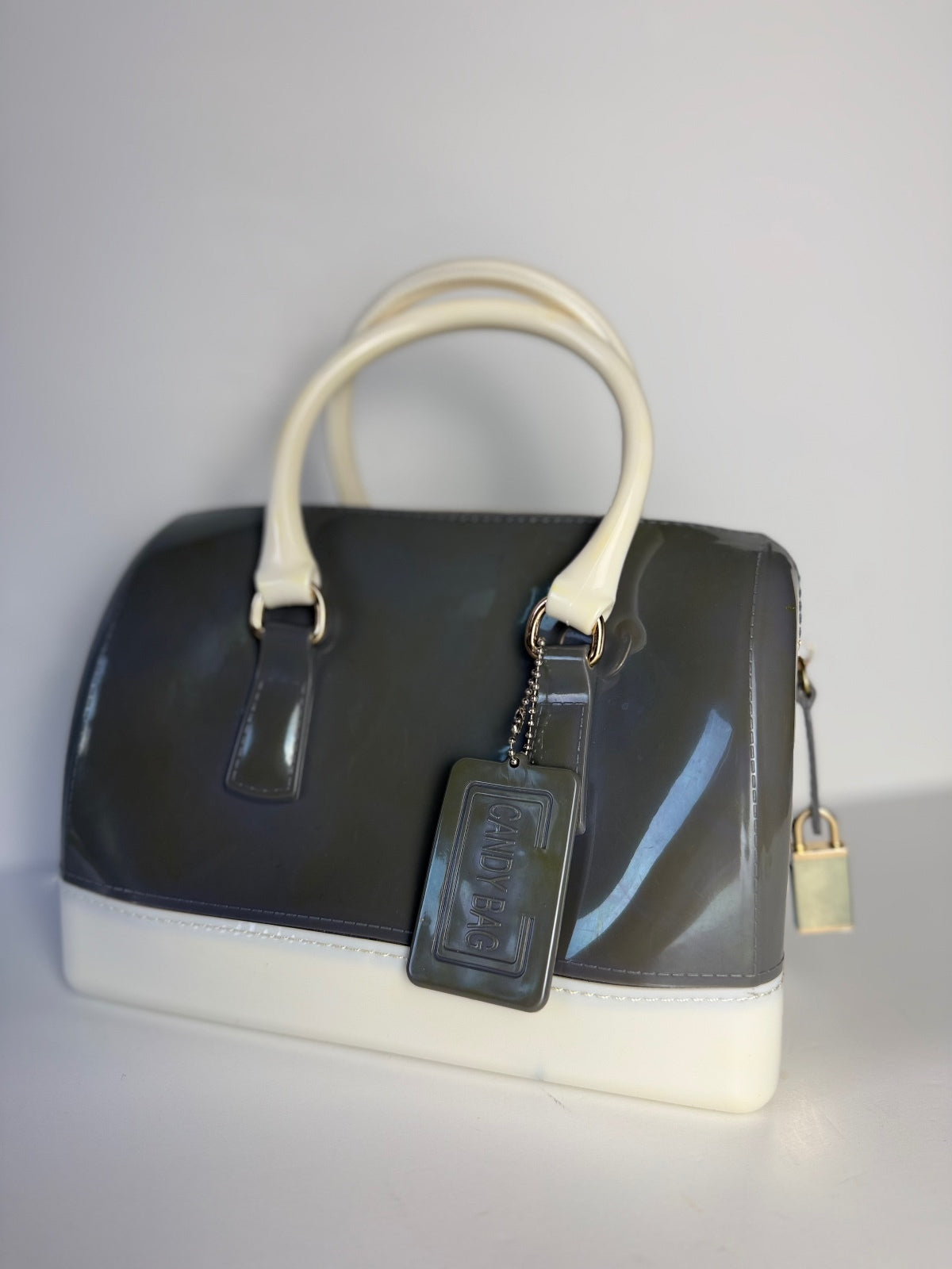 Jelly Candy Bag Gray Ivory Boston Satchel Top Handle Purse Lock Charm Handbag PRE-OWNED