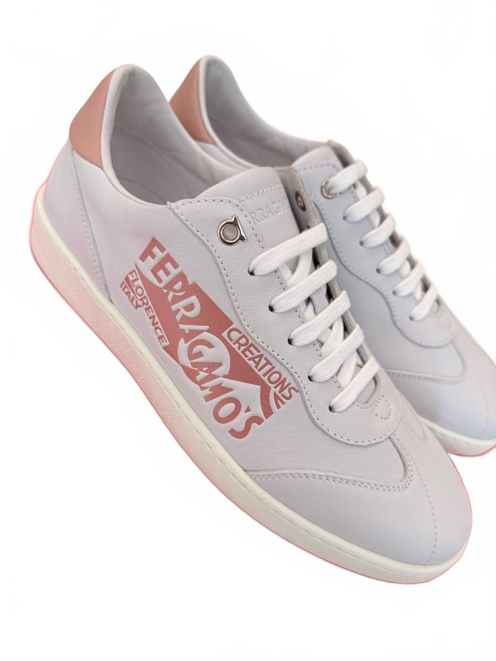Salvatore Ferragamo Achille Venn Women’s Sneakers Ice Grey Rose Calf Size 8.5 M | NEW WITH BOX