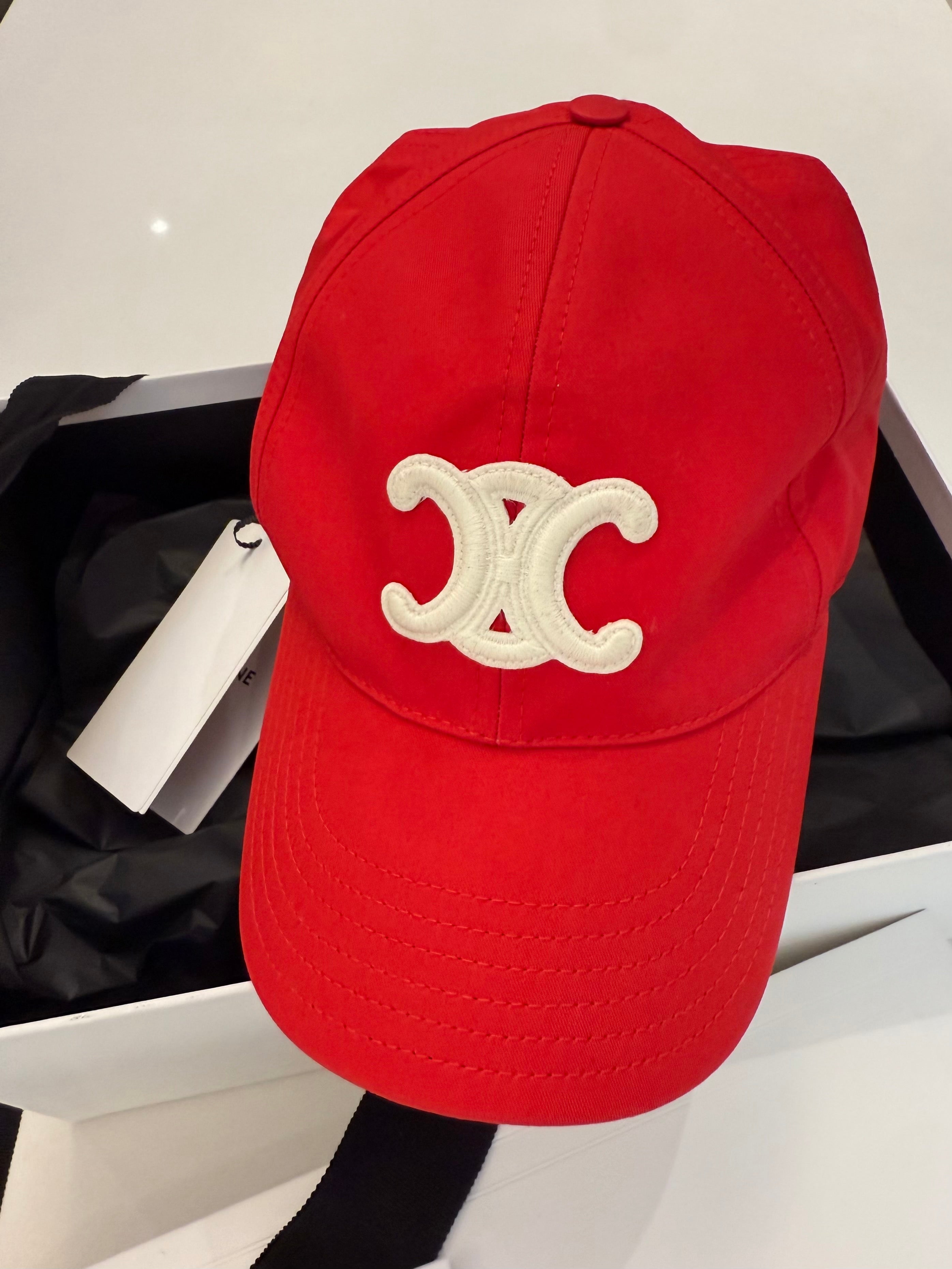 Celine Triomphe Adjustable Baseball Cap in Cotton Rouge Vif (Red