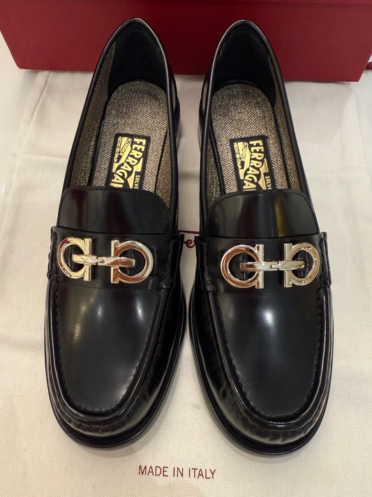 SALVATORE FERRAGAMO Ofelia Gancini Ornament Loafers, Black