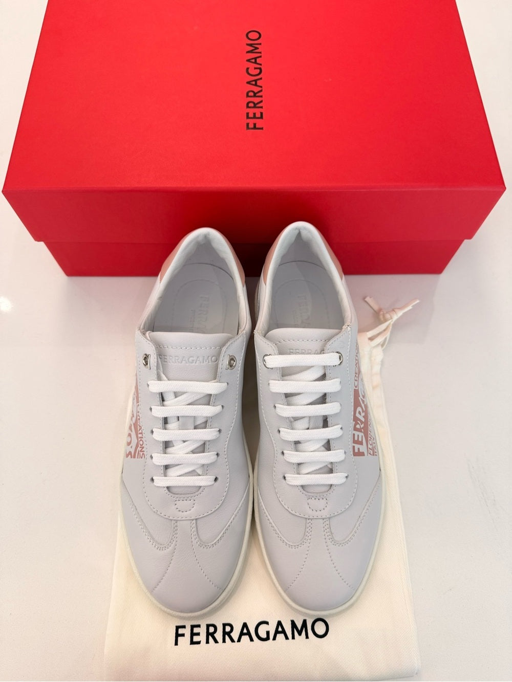 Salvatore Ferragamo Achille Venn Women’s Sneakers Ice Grey Rose Calf Size 8.5 M | NEW WITH BOX