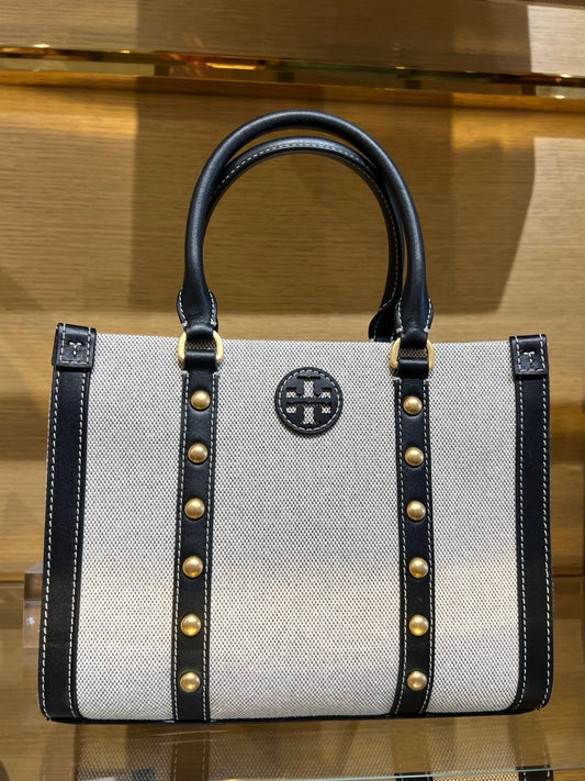 Tory Burch Blake Canvas Studs Small Tote, Canvas / Black, Style 147948, Retail $448