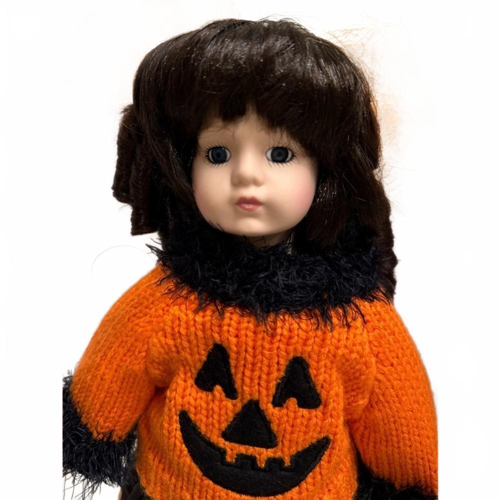 Rare Vintage Handmade Porcelain Halloween Doll Pumpkin Sweater, Bear & Stand