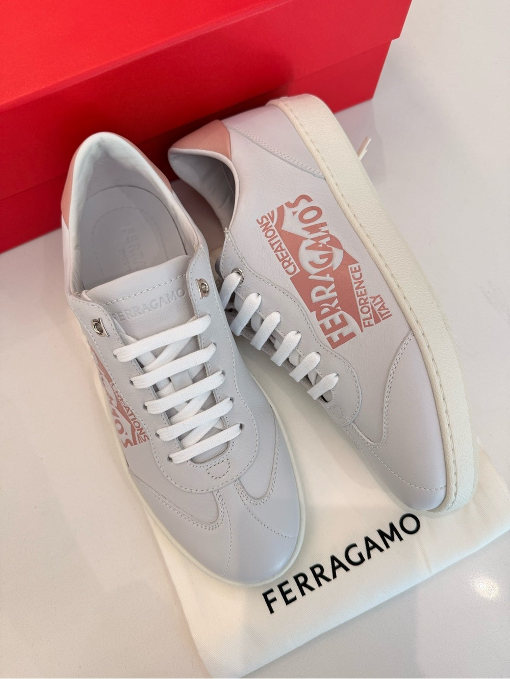 Salvatore Ferragamo Achille Venn Women’s Sneakers Ice Grey Rose Calf Size 8.5 M | NEW WITH BOX