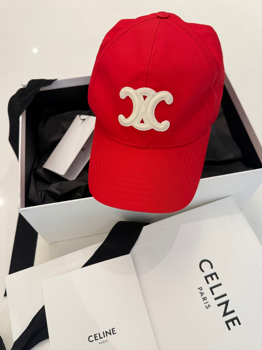 Celine Triomphe Adjustable Baseball Cap in Cotton Rouge Vif (Red) Size M