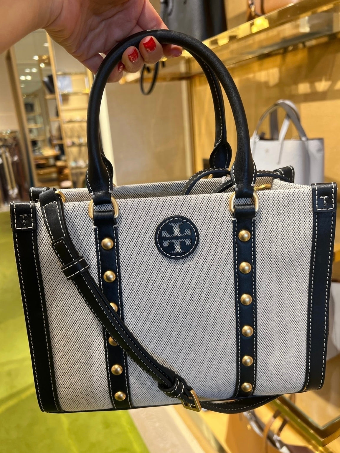 Tory Burch Blake Canvas Studs Small Tote, Canvas / Black, Style 147948, Retail $448