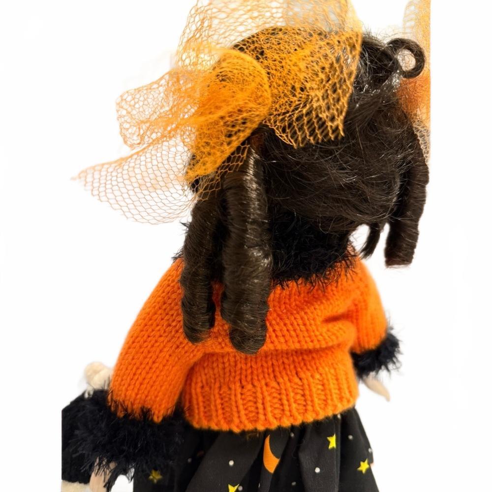Rare Vintage Handmade Porcelain Halloween Doll Pumpkin Sweater, Bear & Stand