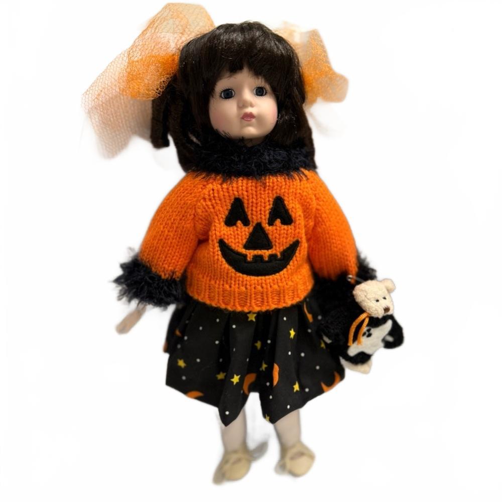 Rare Vintage Handmade Porcelain Halloween Doll Pumpkin Sweater, Bear & Stand