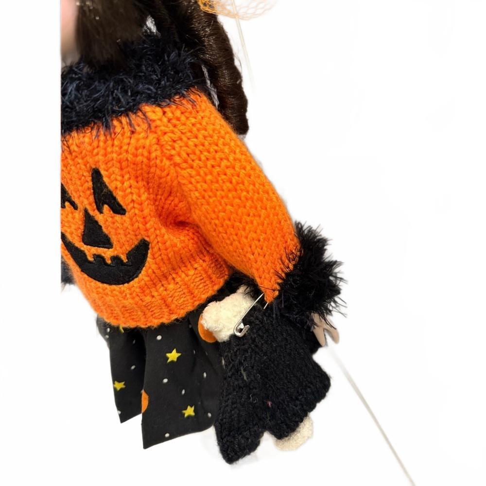 Rare Vintage Handmade Porcelain Halloween Doll Pumpkin Sweater, Bear & Stand