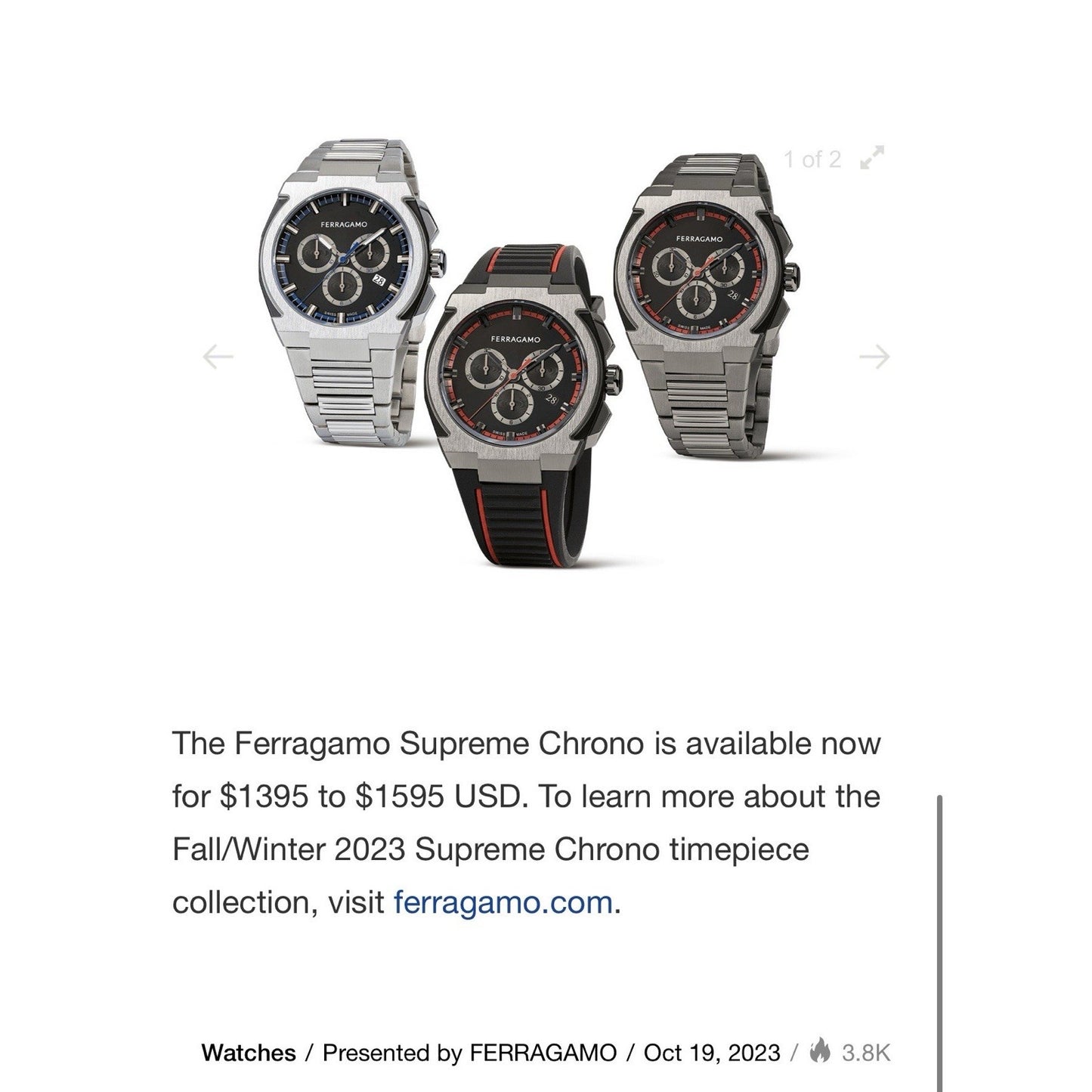 Ferragamo Supreme Chrono Men’s Swiss Quartz Watch 43mm Gunmetal SFK200423