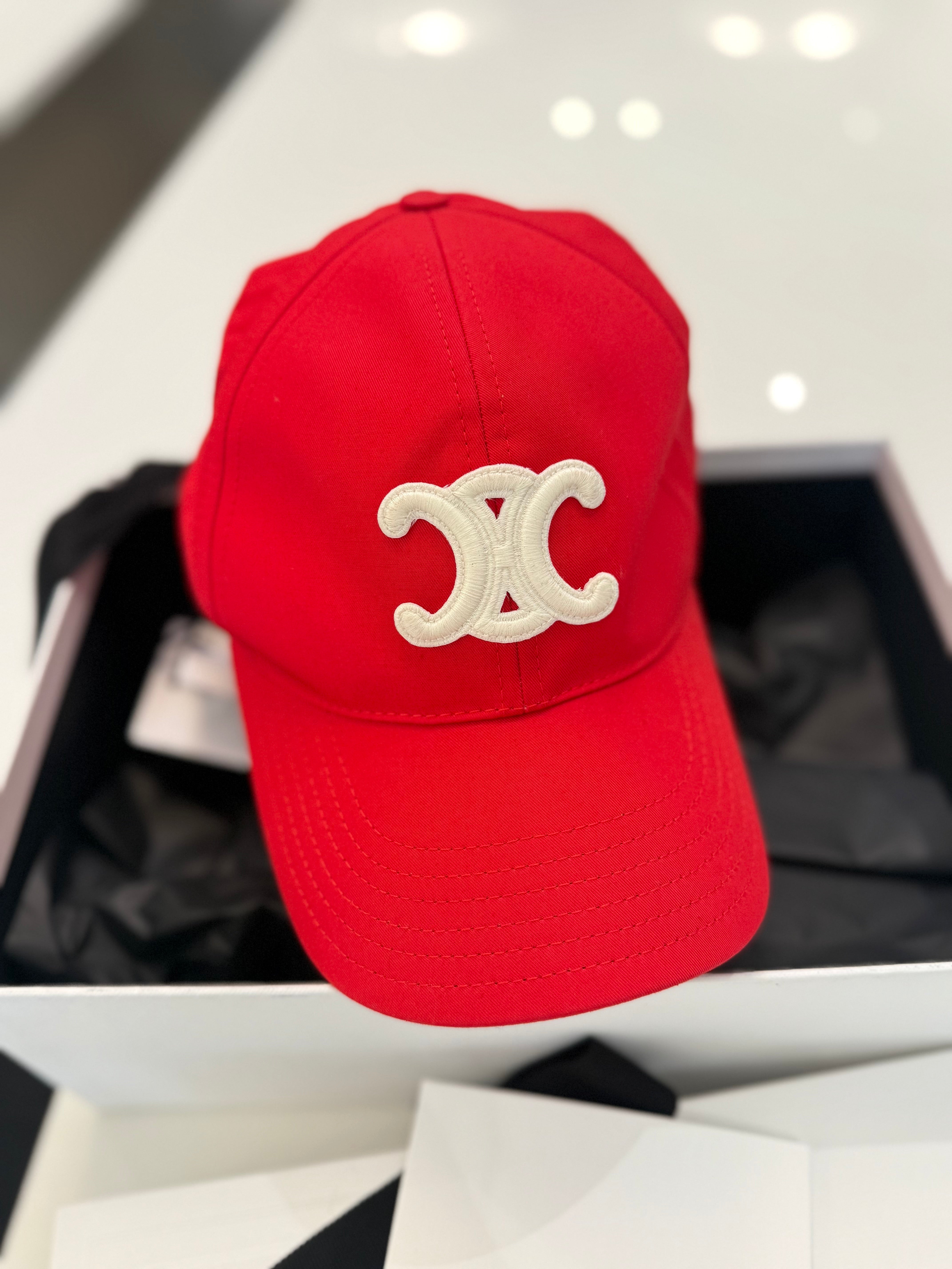 Celine Triomphe Adjustable Baseball Cap in Cotton Rouge Vif (Red