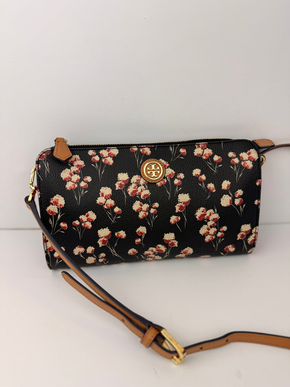 Tory Burch Kerrington Floral Crossbody Bag Black Red Gold Logo PRE-OWNED
