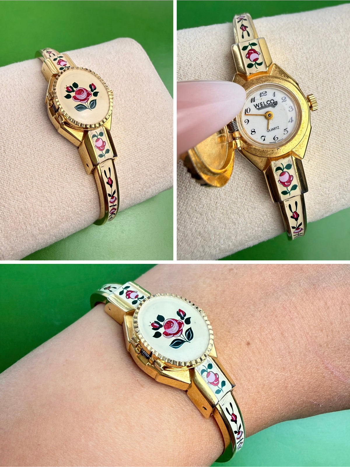 Vintage Swiss Made Peekaboo Hidden Watch Floral Enamel Gold Tone Bangle Bracelet PRE-OWNED
