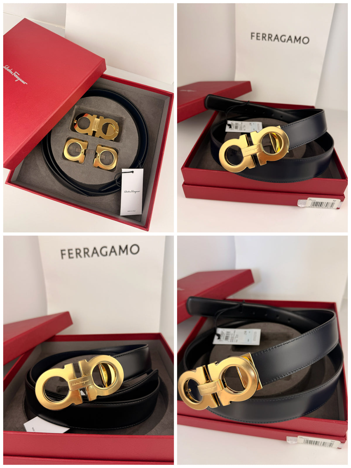 Ferragamo Men’s Reversible Leather Belt Gift Set Black Navy Adjustable Size 115 NWT FULL SET