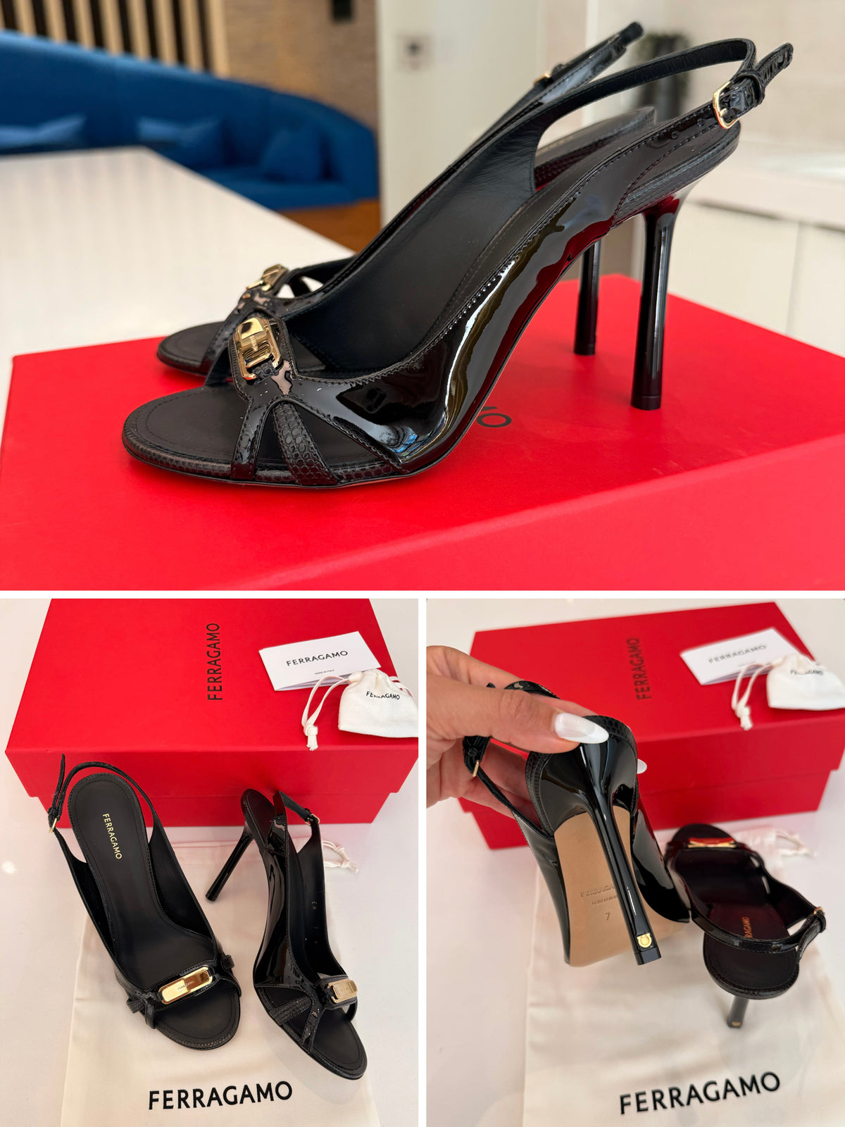 Salvatore Ferragamo Easy 95 Black Patent Leather Slingback Sandals Gold Logo Size 7.5 NEW