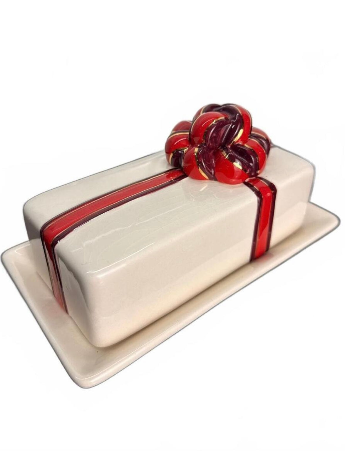 Grasslands Road Retired Christmas Ceramic Butter Dish Red Bow Holiday Decor