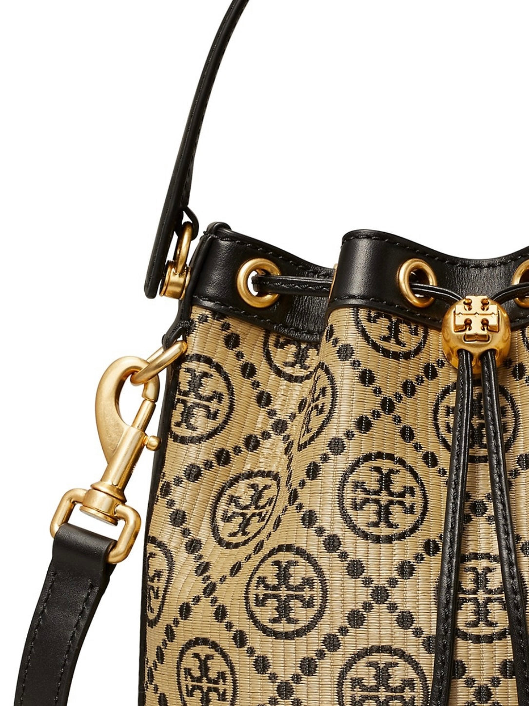 Tory Burch T Monogram Raffia Bucket Bag, Black/ Brass, Style 139129, Retail $598