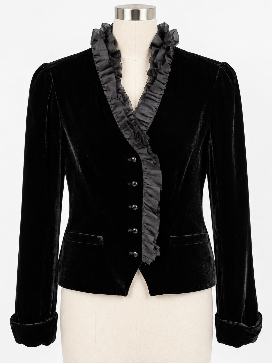 Lauren Ralph Lauren Black Velvet Silk Ruffle Riding Jacket Blazer Size 8P PRE-OWNED