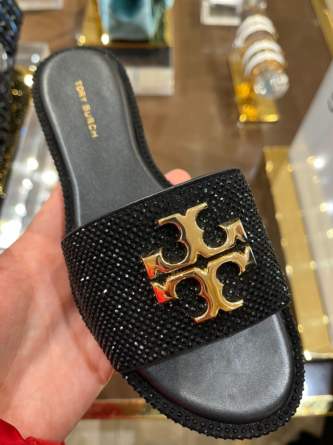 Tory Burch Everly Slide, Royal Suede, Crystal, Perfect Black /Gold, Style 151402