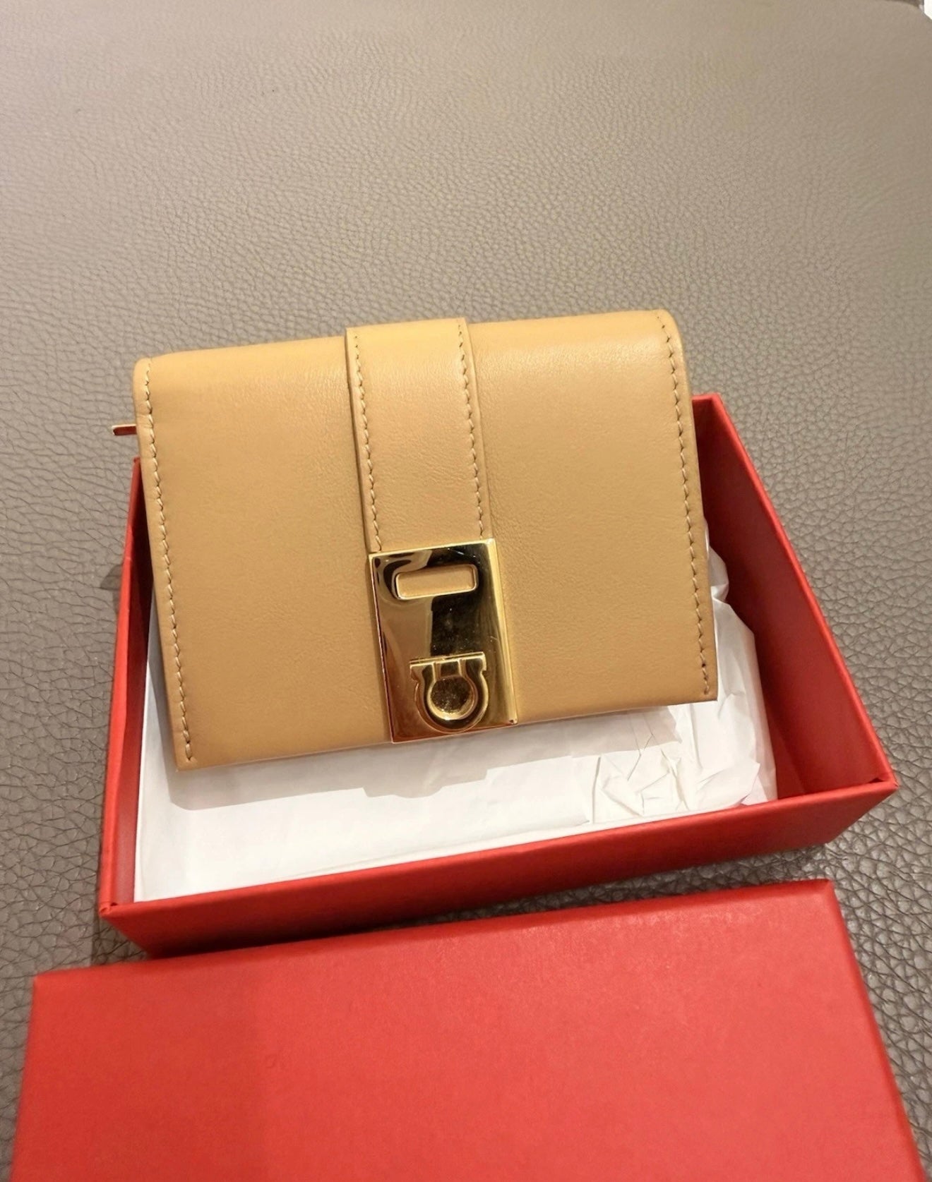Salvatore Ferragamo Gancini Wallet Light Camel Calf Leather Beige