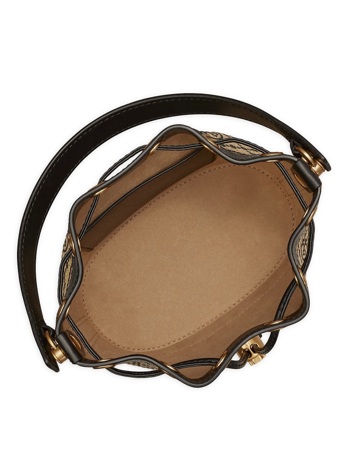 Tory Burch T Monogram Raffia Bucket Bag, Black/ Brass, Style 139129, Retail $598