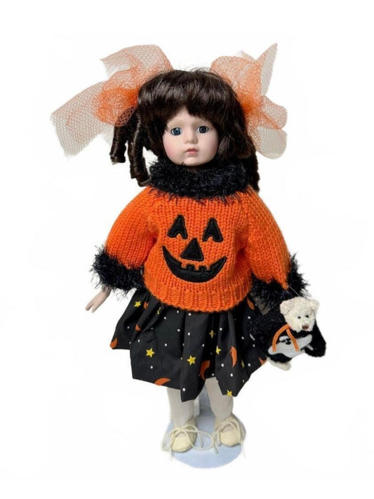 Rare Vintage Handmade Porcelain Halloween Doll Pumpkin Sweater, Bear & Stand PRE-OWNED