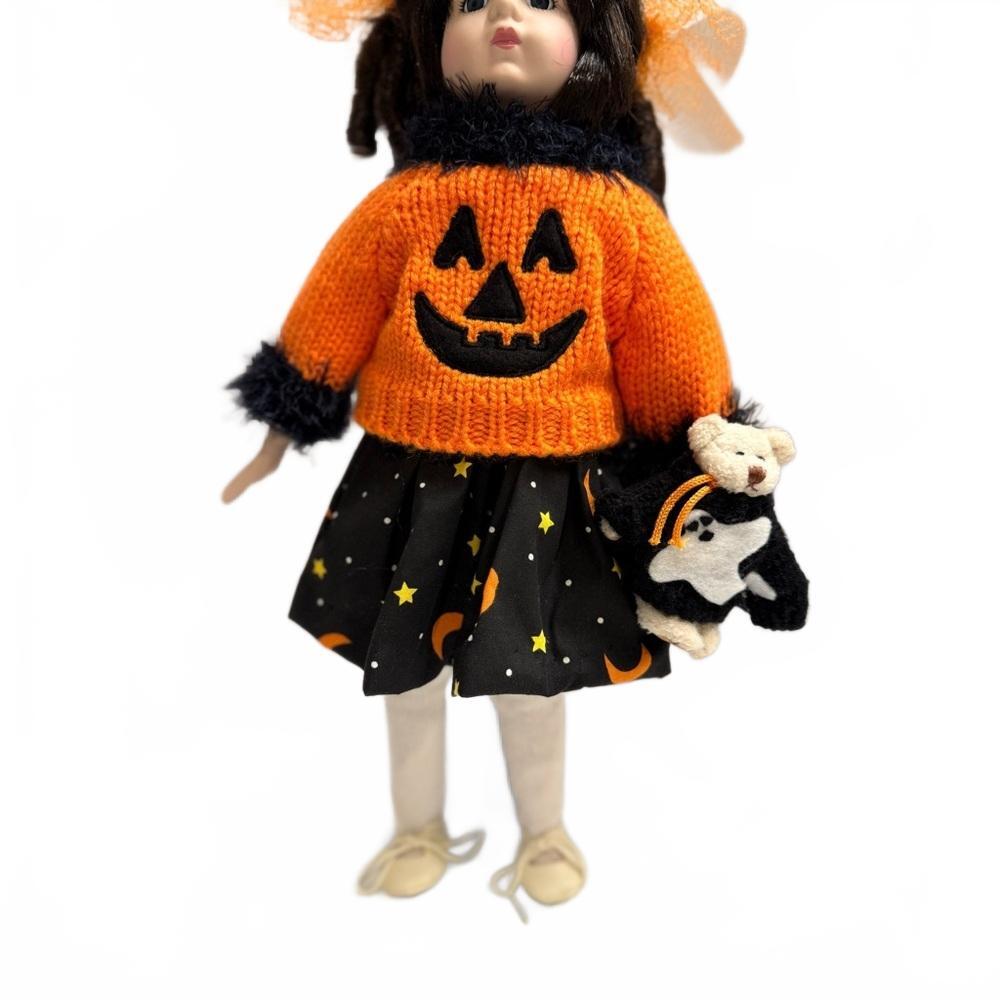 Rare Vintage Handmade Porcelain Halloween Doll Pumpkin Sweater, Bear & Stand