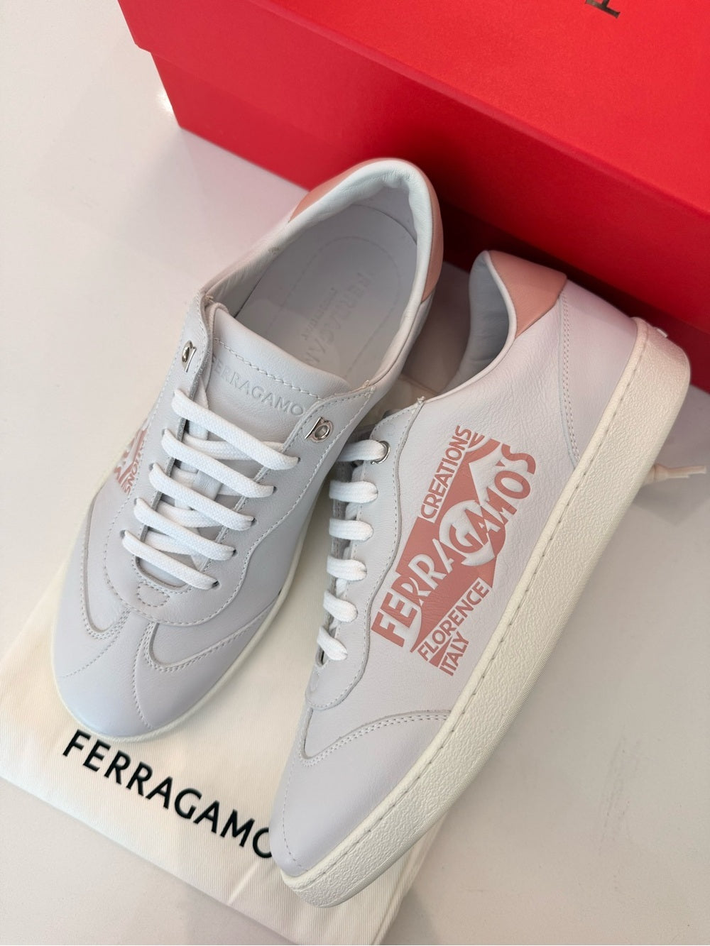 Salvatore Ferragamo Achille Venn Women’s Sneakers Ice Grey Rose Calf Size 8.5 M | NEW WITH BOX