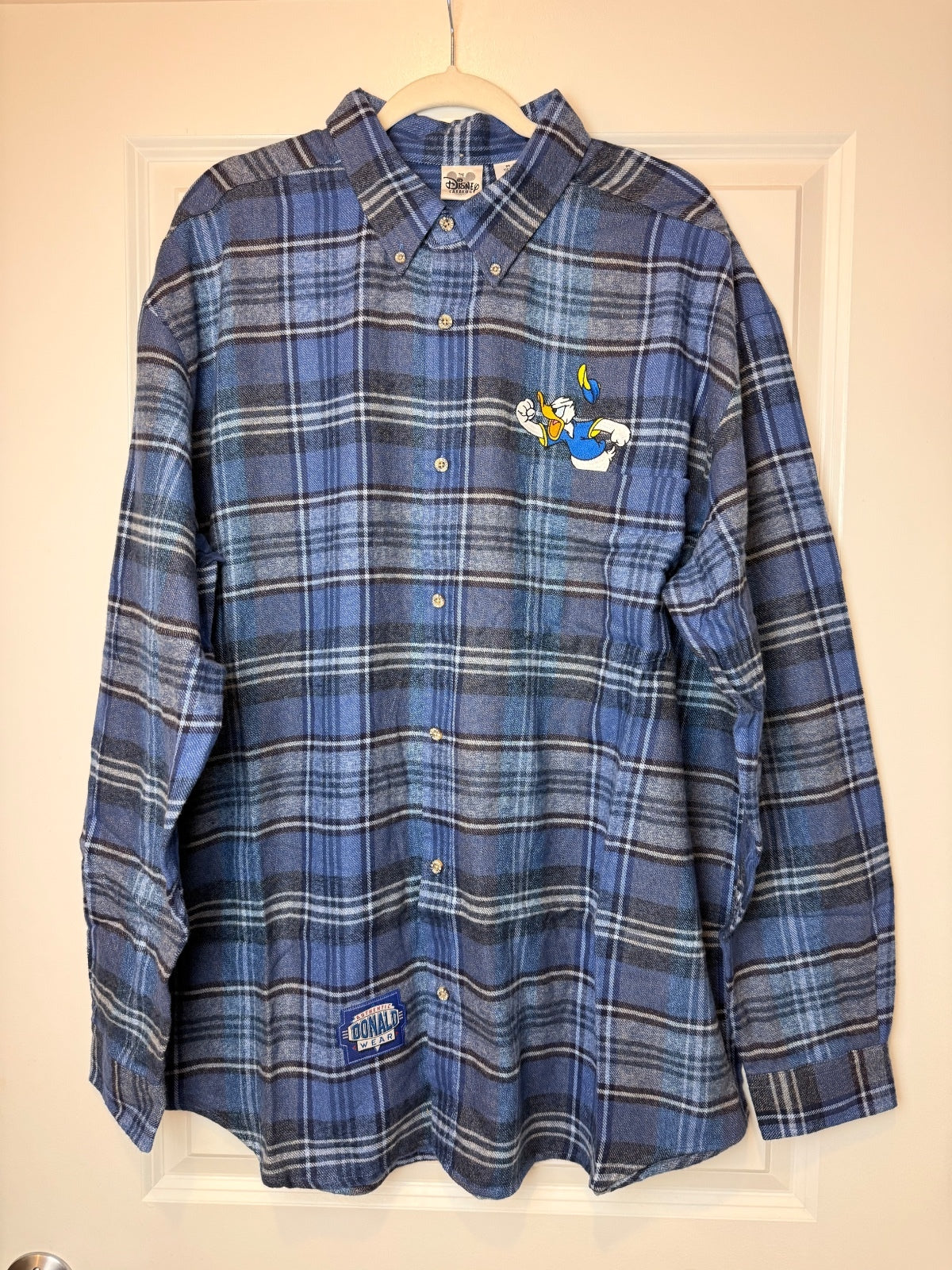 Vintage Disney Donald Duck Blue Plaid Flannel Button Down Shirt XL 100% Cotton NWOT