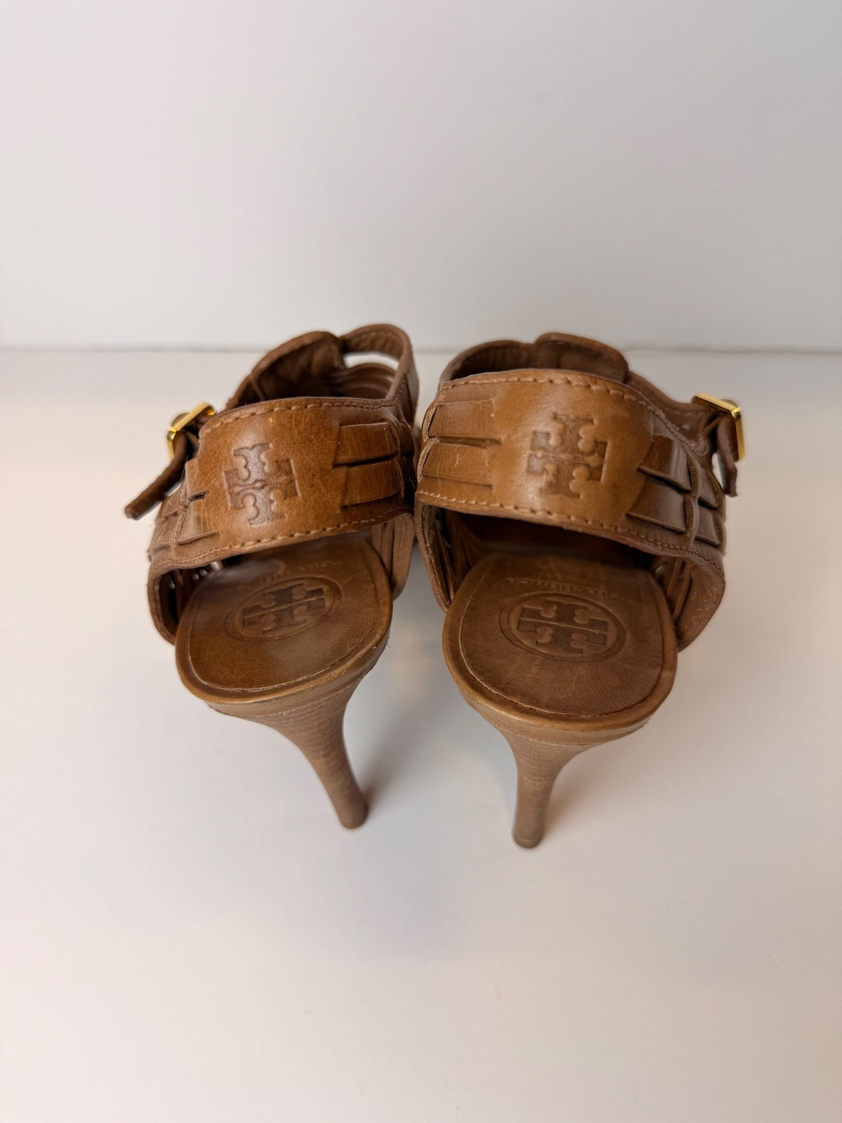 Tory Burch Nadia Tan Leather Woven Huarache Slingback Heels Sandals Size 7.5 PRE-OWNED